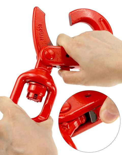 Hands gripping a Heavy Duty Rock Solid G80 Alloy Steel Swivel Self Locking Hook 3/8 Inch showing locking mechanism detail.