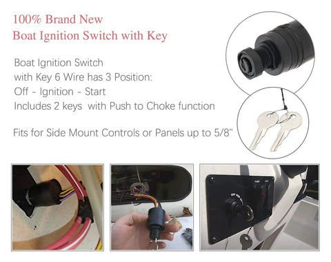 Boat Ignition Switch With Key Push To Choke 6 Wire Base Marine Grade Corrosion Resistant Includes 2 Keys And 6 Wire Connectors Plug And Play For Mercury Outboards, shown with cables and keys