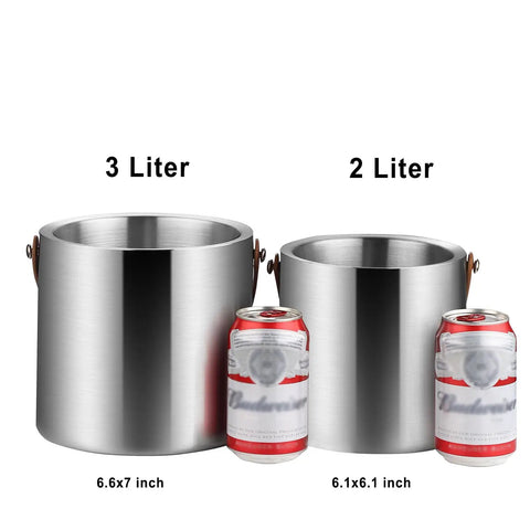 Side-by-side comparison of 3L and 2L Double Wall Vacuum Insulated Ice Buckets with soda cans for scale