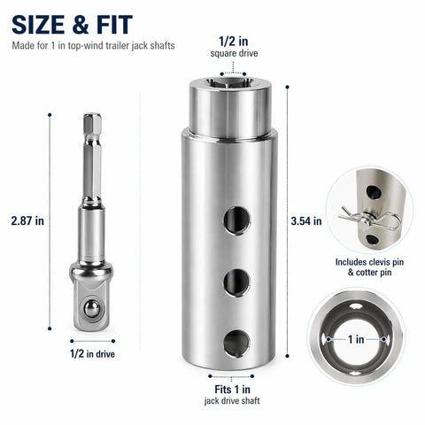 Heavy Duty Trailer Jack Drill Adapter With One Inch Shaft And Half Inch Socket For Standard Drills Locks Dead Tight On One Inch Spindles, showing size and fit details.