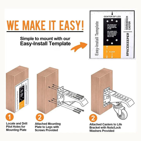 Easy-install template guide for Heavy Duty Retractable Workbench Caster Wheels 2 Piece Set installation process.