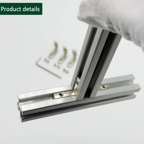 Heavy Duty 30 Piece 2020 Aluminum Extrusion Corner Bracket Kit with screws shown in assembly, zinc nickel finish, for 8020 T slot rails