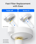 EWFLY Water Filter Replacement For ED11W ED12W ED09W ED21W Dispenser installation diagram with twist-off and screw-in details.