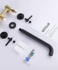 Wall Mount Tub Filler With Two Handles, Extra Long 11 Inch Spout Reach, High Flow Bathtub Faucet, Brass Rough In Valve Included, Matte Black Finish, Lead Free Brass components displayed