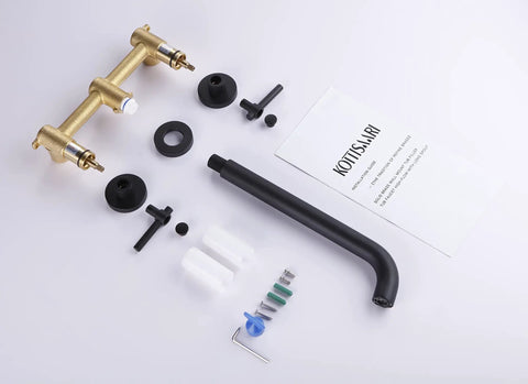 Wall Mount Tub Filler With Two Handles, Extra Long 11 Inch Spout Reach, High Flow Bathtub Faucet, Brass Rough In Valve Included, Matte Black Finish, Lead Free Brass components displayed