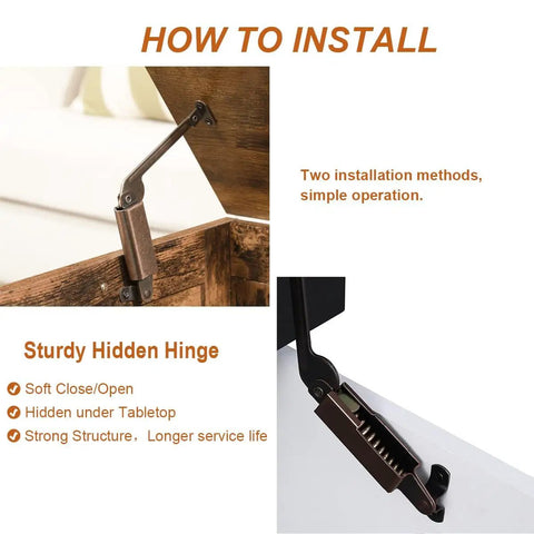 Antique Copper Lid Support Hinges With Spring For Coffee Tables Lift Assist Hardware 7.9 Inch installed on wooden table.