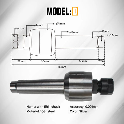 Diagram and photo of a 65mm MT2 Movable Tailstock Lathe Center with Four Replaceable Heads for CNC 4 Axis Engraving Machines, silver, steel construction.