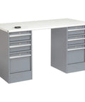 Tough As Nails All Steel Welding Workbench Sixty Wide By Thirty Deep With ESD Static Control Top and Secure Locking Pedestal Drawers, gray metal design.