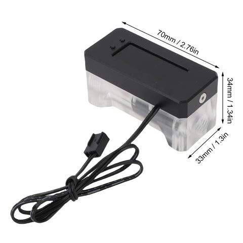 Inline PC Water Cooling Flow Meter With OLED Display, measuring 70x34x33mm, shown with black casing and attached cable.