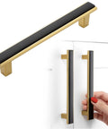 Matte Black and Gold Cabinet Pulls Set, 5 Pack, 5 inch center-to-center, installed on white cupboard, showing solid metal construction.