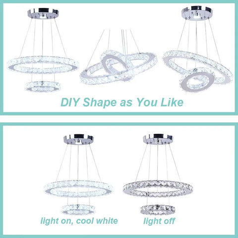 2 Ring Crystal LED Chandelier Pendant Light In Chrome showing multiple configurations, lit and unlit states