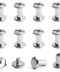Killer 10 Pack M3 X 6mm Chicago Screws In 304 Stainless Steel Binding Posts Made Tough For Leathercraft DIY Gear And Hardware Mods With Rust Proof Build And Sweet Thread Cut close-up of screws showing multiple angles and details.