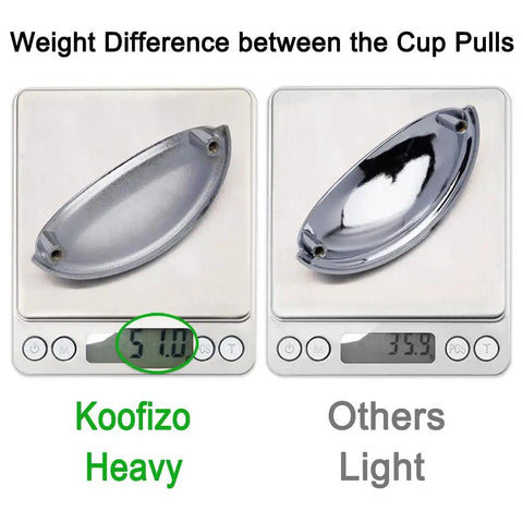 Comparison of Koofizo heavy and others light weights for Chrome Bin Cup Drawer Pulls 3 Inch Center Spacing 76mm Cabinet Handles 25 Pack
