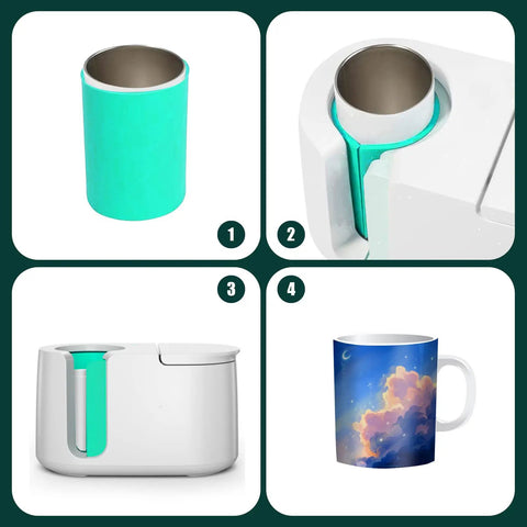 Four images showing Three Thickness Silicone Mug Wraps for Sublimation and Heat Pressing, Fits Cricut Mug Press and Most Mugs.