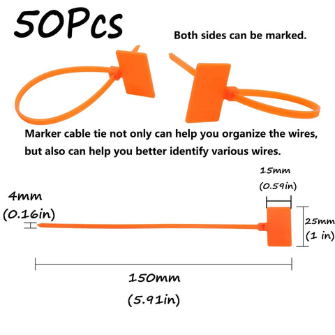 Quick Fix 50 Pack Orange Marker Cable Ties With Blank Labels For Straight Up Wire Grouping Slick Cord Organization And Super Neat Desk Setup A Boss Essential For Everyday Home Projects, 4mm x 150mm size.
