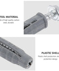 Heavy Duty Drywall Anchors And Carbon Steel Screws Kit 6 Piece Set Rust Resistant And Oxidation Resistant Great For Air Conditioning Hangers And TV Wall Mount Installations, gray plastic anchor and steel screw close-up