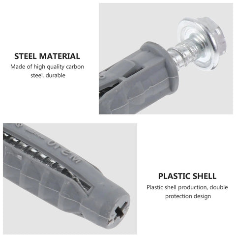 Heavy Duty Drywall Anchors And Carbon Steel Screws Kit 6 Piece Set Rust Resistant And Oxidation Resistant Great For Air Conditioning Hangers And TV Wall Mount Installations, gray plastic anchor and steel screw close-up