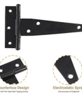 Eight 4-Inch T-Strap Door Hinges with mounting screws, heavy duty iron hinge for barn doors, gates, sheds featuring a counterbore design