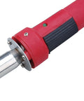 Close-up of the red portable 80W plastic welding kit hot iron handle with metal tip, part of a Plastic Welding Kit With Welder Rods Reinforcing Mesh Hot Iron Stand And Wire Brush For Bumper Repair Kayak ATV Dash And More Portable 80 Watt Tool For DIY And Professional Plastic Surface Repair.