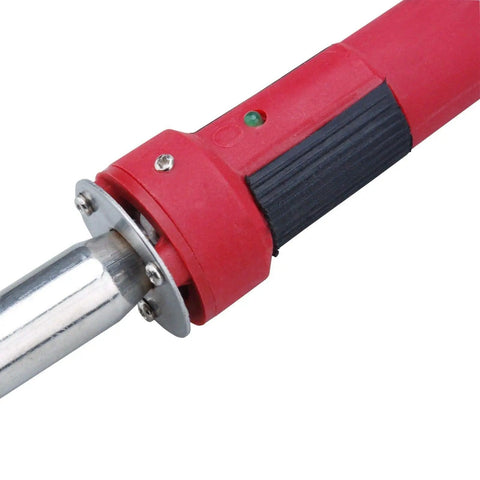 Close-up of the red portable 80W plastic welding kit hot iron handle with metal tip, part of a Plastic Welding Kit With Welder Rods Reinforcing Mesh Hot Iron Stand And Wire Brush For Bumper Repair Kayak ATV Dash And More Portable 80 Watt Tool For DIY And Professional Plastic Surface Repair.