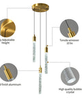 Modern Minimalist Gold Pendant Light Fixture For Kitchen Island Dimmable LED Crystal 3-Light Chandelier With Bubble Crystal Column