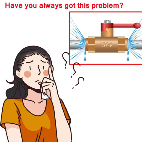 Illustration of a woman puzzled by a leaky 3/4 valve with water dripping, questioning plumbing problems.