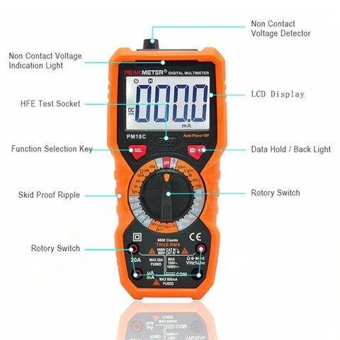 Front view of Pro Grade Digital Multimeter With True RMS AC DC Voltage And Current Measurements 6000 Counts Non Contact Voltage Detector