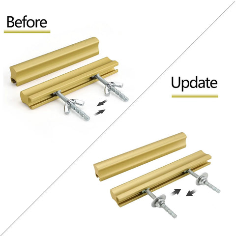 Comparison of 10 Pack Adjustable Cabinet Drawer Pulls 102mm 4 Inch Brushed Brass Drawer Handles with wing nut fasteners, before and updated.