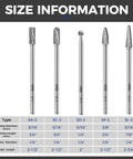 Size information for Sweet Spot Five Piece Long Carbide Burr Set With Quarter Inch Shanks, detailing lengths and diameters.