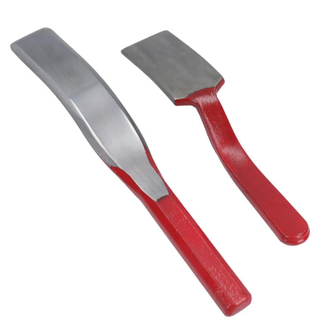 Flat metal dolly and curved chisel from 9 Piece Panel Beating Set For Auto Body Dent Repair With Hickory Handle Hammers And Dollies In A Blow Mold Case Pro Grade Heavy Duty Kit For Quick Dings And Minor Dents Fixes At Home Or Shop.