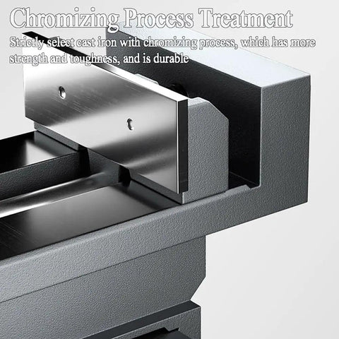 Hardened Steel Two Way Cross Slide Vise With Precise Laser Readout And Chunky Powder Coated Cast Iron For Drill Press Bench Mods And Cnc Milling Top Shelf Six Inch Jaw Rig close-up view of chromed cast iron component