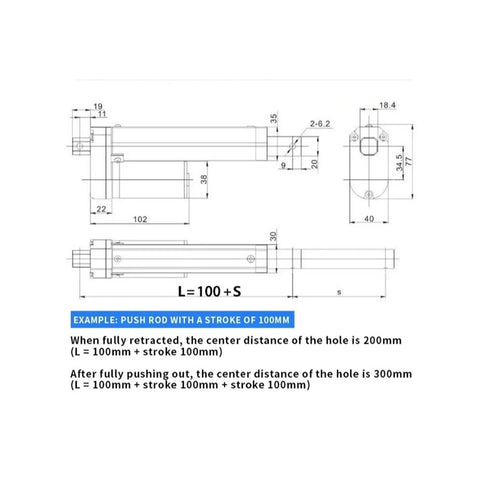 Heavy Duty Electric Linear Actuator with Smooth Telescopic Push Rod For Precise Straight Stroke Motion 200 Mm To 400 Mm In 12 Or 24 Volt Power With Quiet Operation And Super High Load Capacity, technical diagram with dimensions.