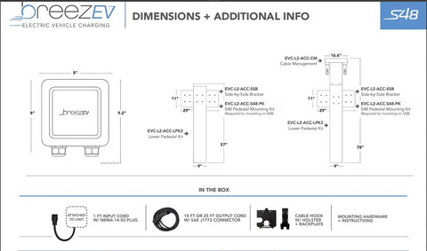 Level 2 Electric Vehicle Charger 48 Amp 11.5 kW Max dimensions and accessories diagram, including cable and mount details.