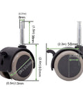 Kickass Two Inch Swivel Caster Wheels For Furniture, smooth nylon wheels with grip stem, measurements shown for 50mm size.