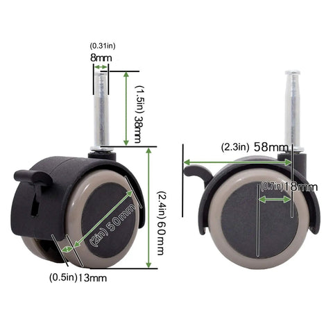 Kickass Two Inch Swivel Caster Wheels For Furniture, smooth nylon wheels with grip stem, measurements shown for 50mm size.