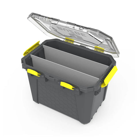 Hive 13 Modular Gear Case Go-To Waterproof And Airtight Stackable Storage Bin With Dividers, open view showing compartments.