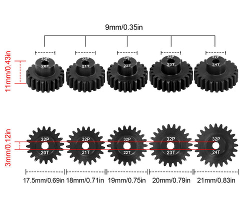 32P Pinion Gears Set 20T 21T 22T 23T 24T For 3.175mm Shaft RC Cars, 1/10 Scale Short Course Drift Rally, Hardened Steel 0.8 Mod Pinions Built Tough For Brushed Motors
