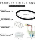 GE washer parts set (4 pcs): 21-inch drive belt, metal tension spring, white clutch gear, actuator housing with wires.