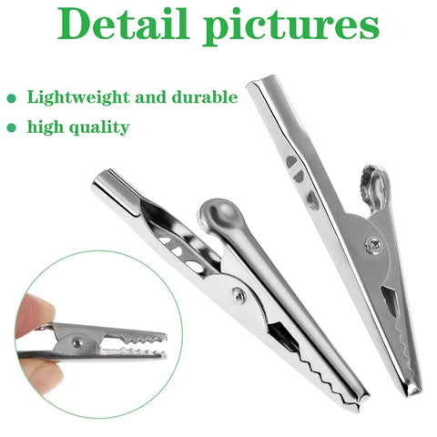 50 Pcs Stainless Steel Alligator Clips Test Leads Crocodile Clips With Screw Probes, Two Inch Length, side view and close-up