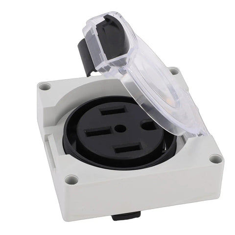 Beefy Nema L14-50R Industrial Locking Power Outlet 50amp 250volt wall mount receptacle with clear cover and PA66 shell.