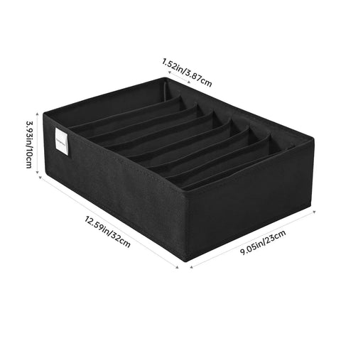 4 Pack T Shirt Drawer Organizers With Eight Grid Compartments For Closet Storage, dimensions labeled, black fabric, sturdy design