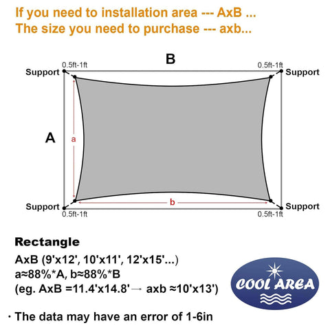 Diagram of 12x16Ft Rectangle Sun Shade Sail Canopy For Patio Backyard Garden Outdoor UV Block Shade Dark Grey installation sizing.
