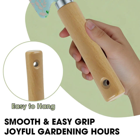 Close-up of ergonomic non-slip handle from Light Green 10 Piece Garden Tool Set With Trowel Hoe Shovel And Rake For Indoor And Outdoor