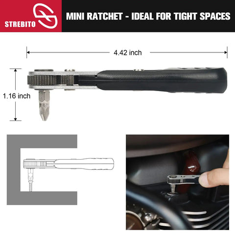 Compact 22 Piece Mini Ratchet Set With 1/4 Inch Drive Right Angle Screwdriver And 36 Tooth Ratcheting Wrench Bits for tight spots.
