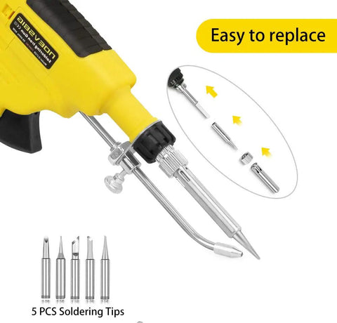 Close-up of 60W Automatic Soldering Gun Kit with Ceramic Heater showing interchangeable soldering tips and easy replacement feature.