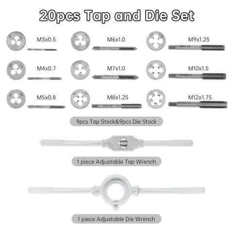 20 Piece Alloy Steel Tap And Die Set For Metric Threads, Precision Thread Tool Kit For Cutting External And Internal Threads, CNC Machined Teeth, 60 HRC Hardness, Coarse And Fine Taps And Dies For Home Workshop Projects