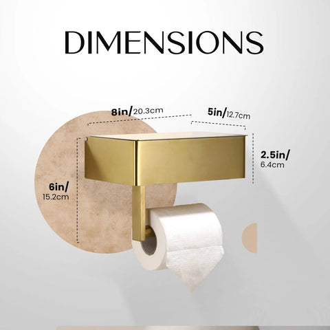 Toilet Paper Holder With Shelf Wall Mount In Gold for Modern Bathrooms, showing dimensions and sleek design.