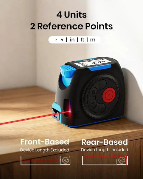 2 In 1 Laser Distance Meter And Auto Lock Tape Measure displaying digital readout with red laser on a wooden surface