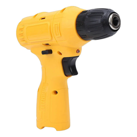 Pro Grade Cordless Drill Driver Set With 3 8 Inch Keyless Chuck And Rock Solid Battery Powered Tool Kit side view of yellow drill