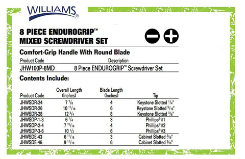 Endurogrip 8 Piece Screwdriver Set chart with product codes, lengths, and types including slotted and Phillips bits.